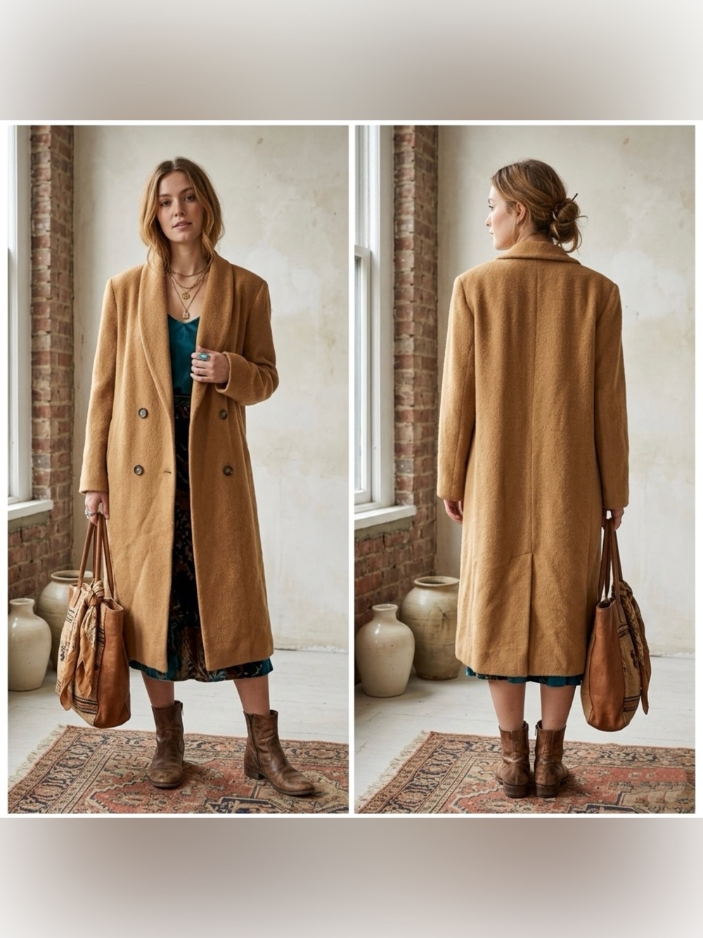 Vintage Harve Bernard Womens Long Double Breasted Camel Tan Wool Alpaca Overcoat